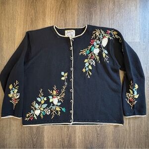 Heirloom Collectibles Christmas Beaded Embroidered Cardigan Sweater Black Large